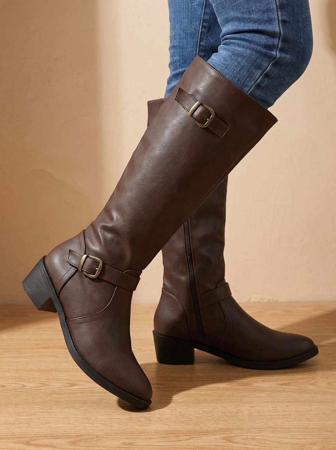 Jantine Double-Buckle Knee-High Riding Boots with Low Block Heel - image 3
