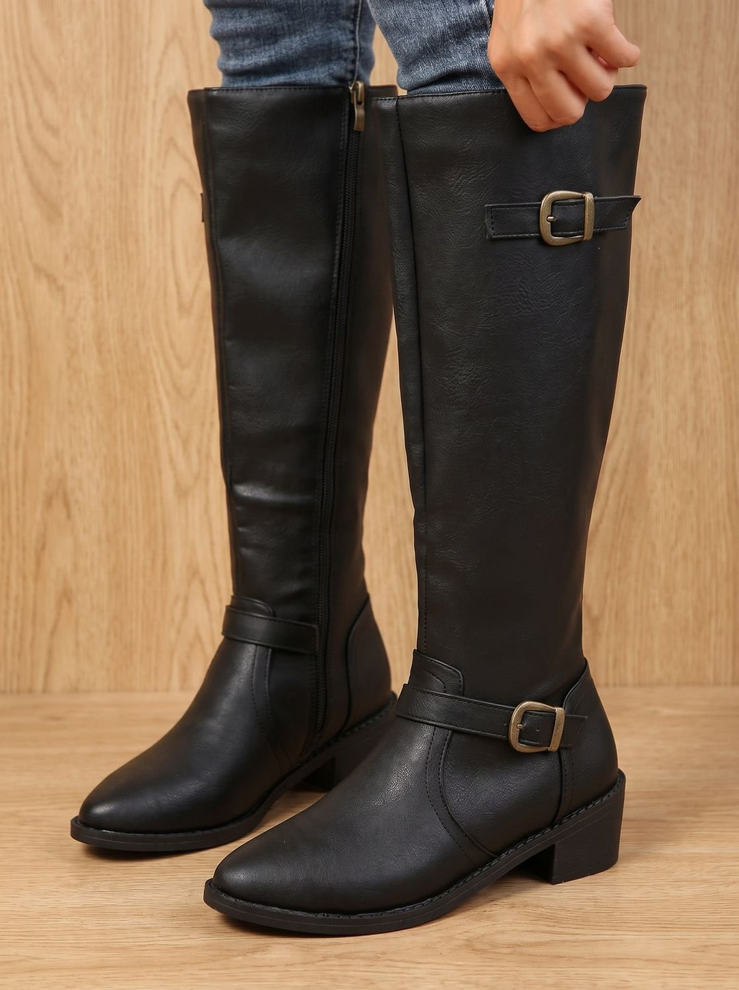 Jantine Double-Buckle Knee-High Riding Boots with Low Block Heel - image 1