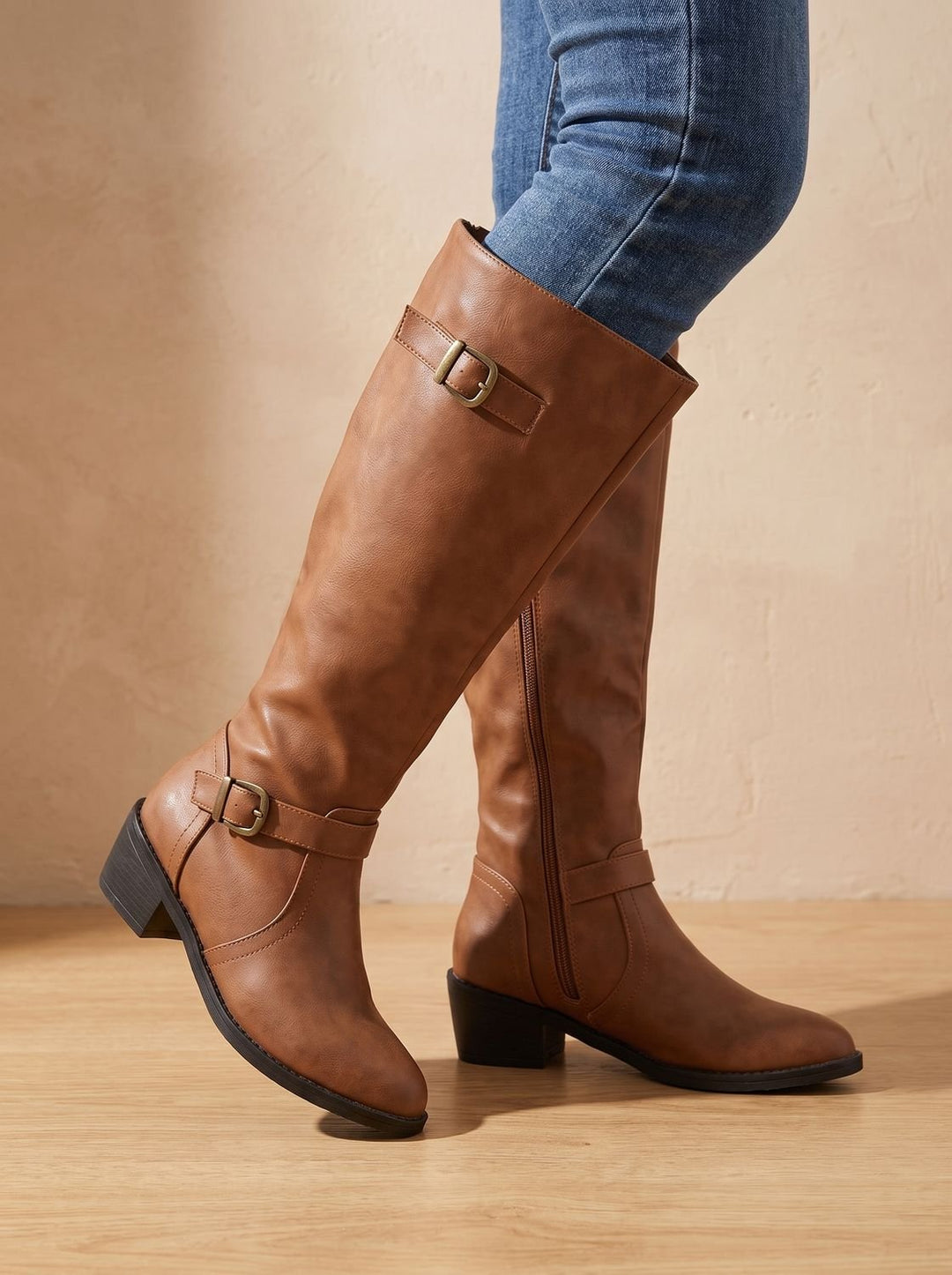 Jantine Double-Buckle Knee-High Riding Boots with Low Block Heel - image 4