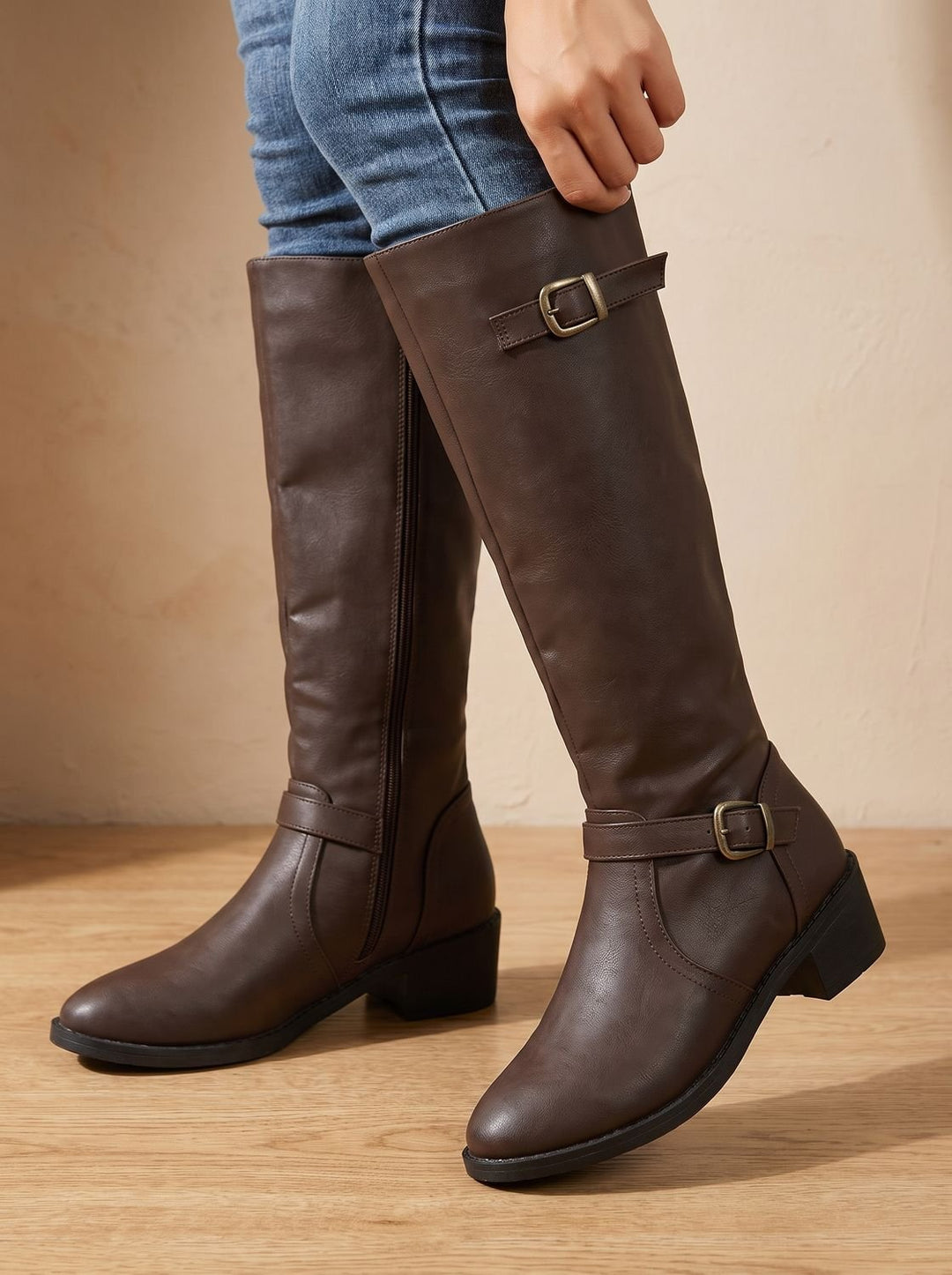 Jantine Double-Buckle Knee-High Riding Boots with Low Block Heel - image 6