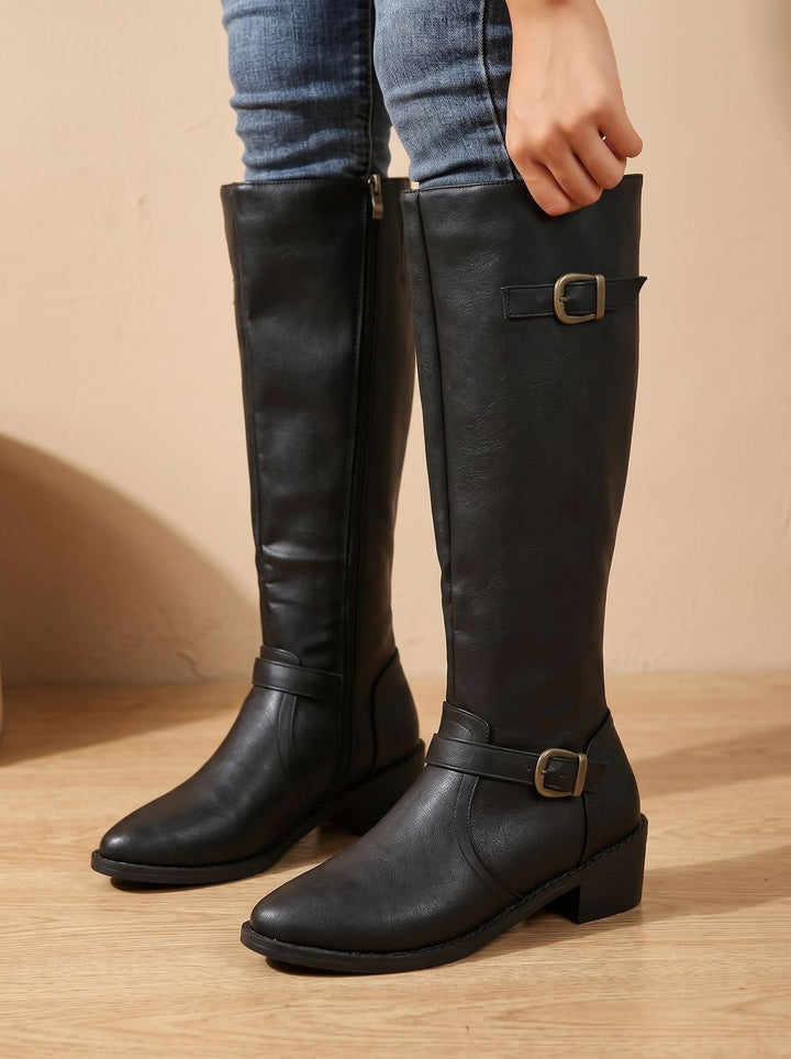 Jantine Double-Buckle Knee-High Riding Boots with Low Block Heel - image 7