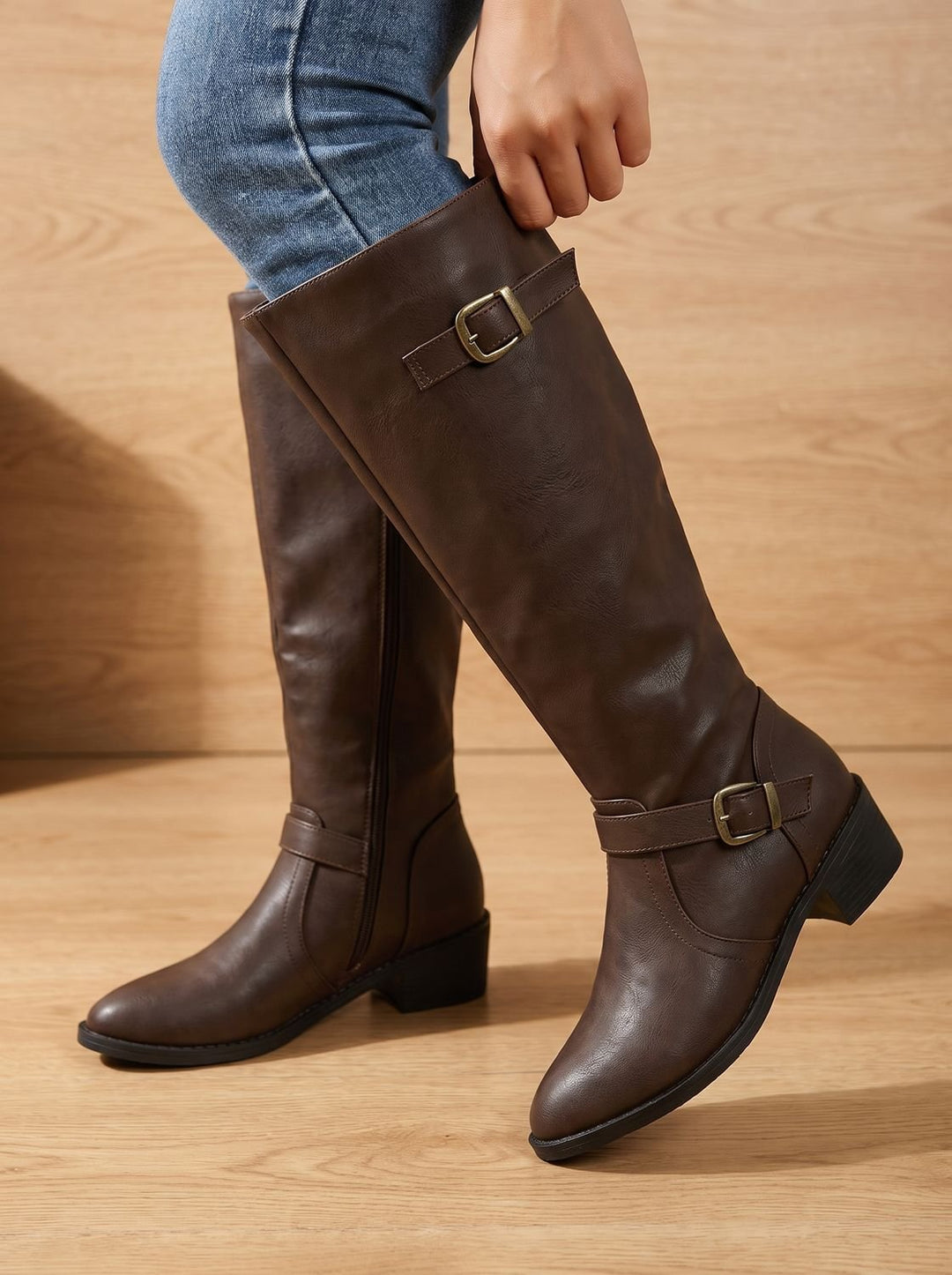 Jantine Double-Buckle Knee-High Riding Boots with Low Block Heel - image 8