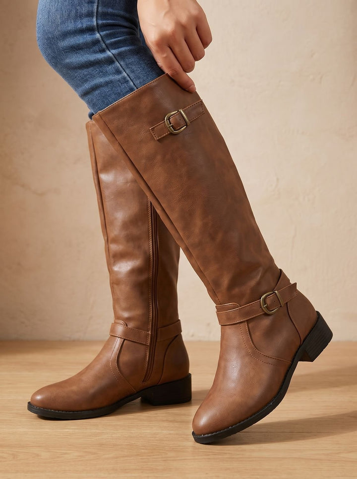 Jantine Double-Buckle Knee-High Riding Boots with Low Block Heel - image 9