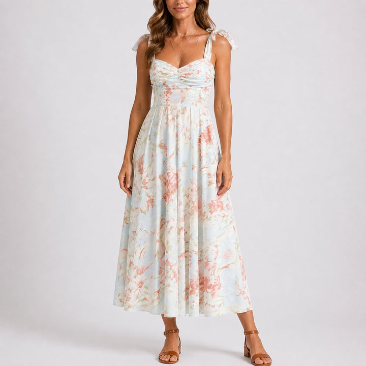 Women's Floral A-Line Ruched Sweetheart Midi Dress for Wedding Guests — view 1