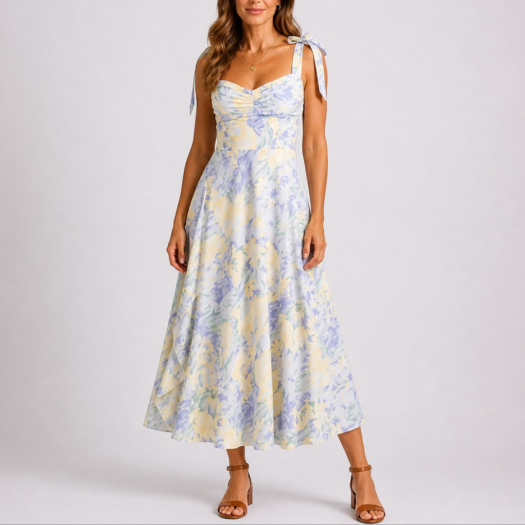 Women's Floral A-Line Ruched Sweetheart Midi Dress for Wedding Guests — view 2