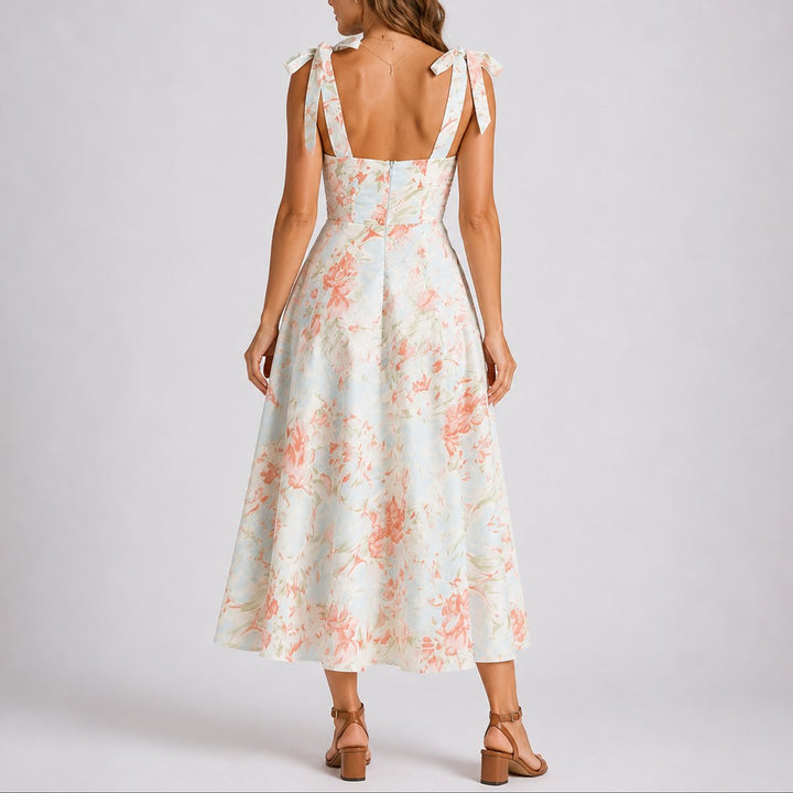 Women's Floral A-Line Ruched Sweetheart Midi Dress for Wedding Guests — view 4