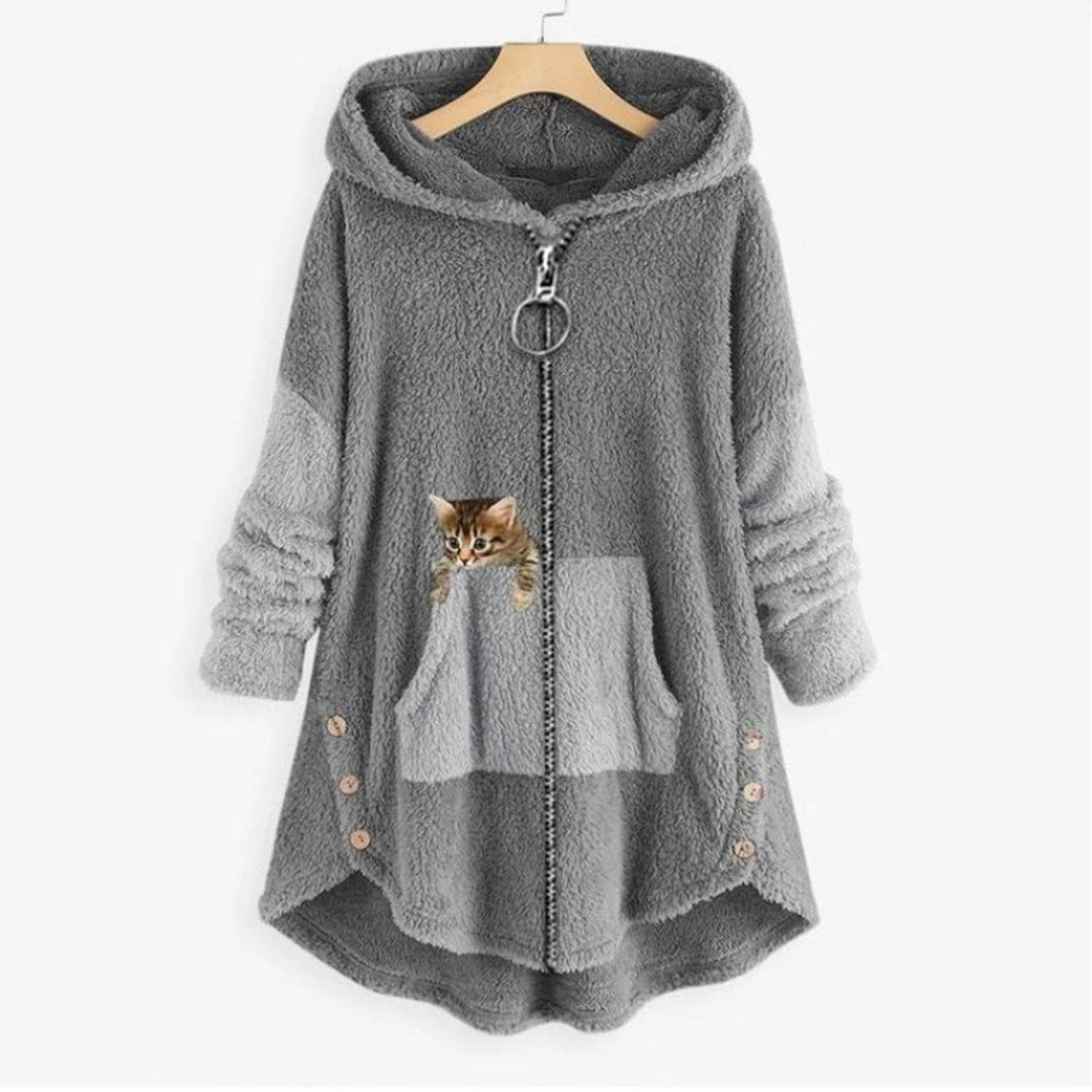 Marieke Teddy Fleece Zip-Up Hoodie with Peeking Cat Pocket - image 1