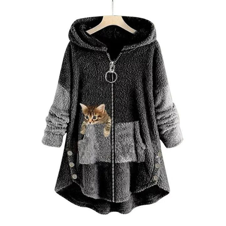 Marieke Teddy Fleece Zip-Up Hoodie with Peeking Cat Pocket - image 2
