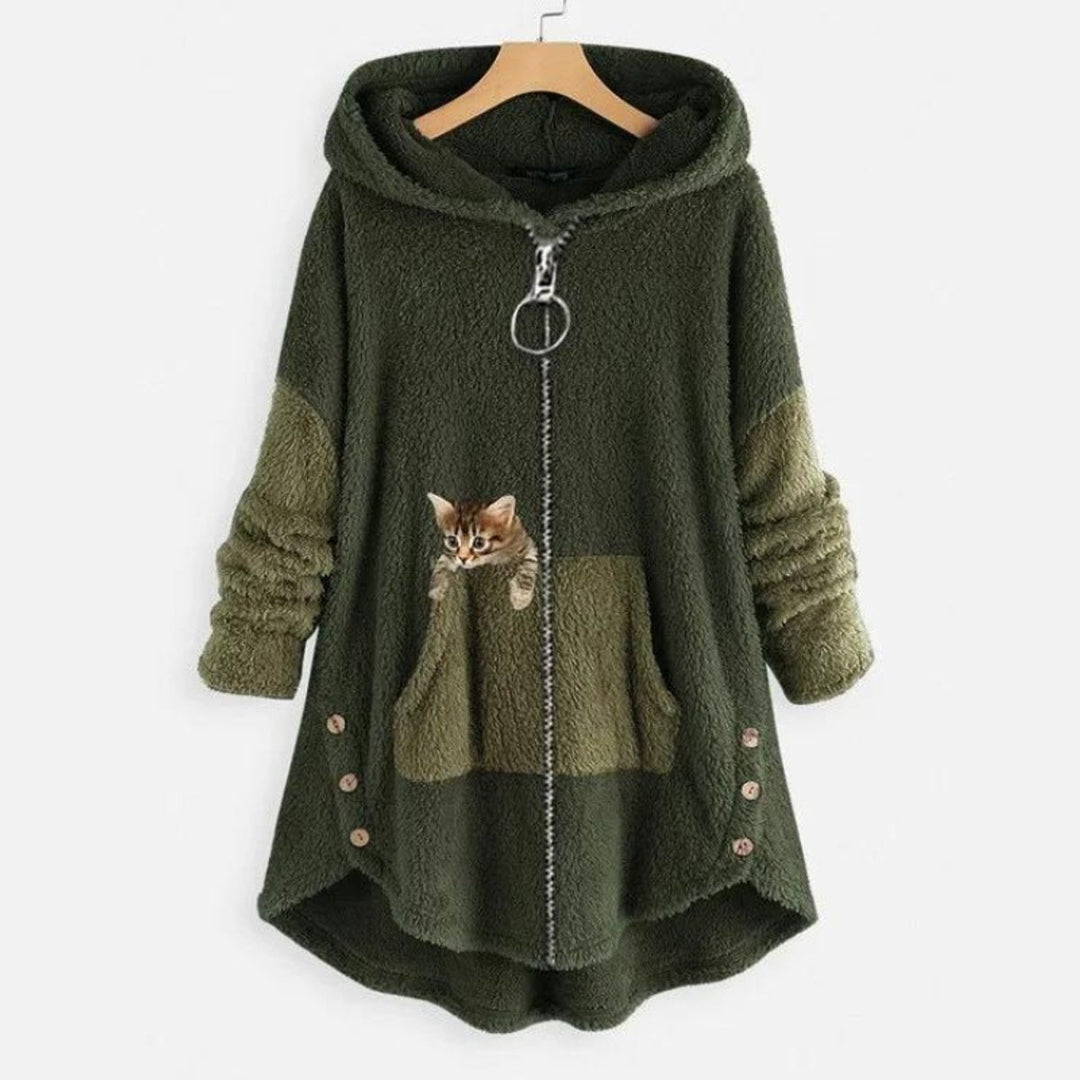 Marieke Teddy Fleece Zip-Up Hoodie with Peeking Cat Pocket - image 3