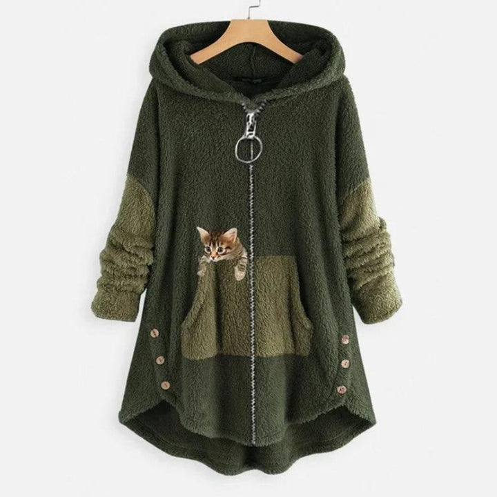 Marieke Teddy Fleece Zip-Up Hoodie with Peeking Cat Pocket - image 3