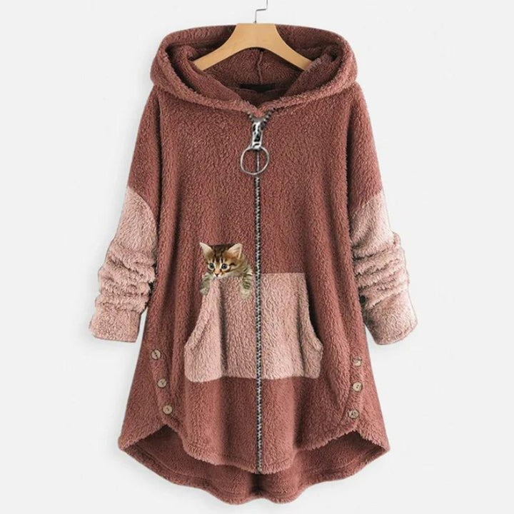 Marieke Teddy Fleece Zip-Up Hoodie with Peeking Cat Pocket - image 4