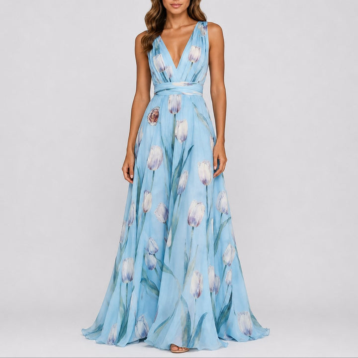Women's Floral A-Line Wrap V-Neck Maxi Dress for Wedding Guests — view 5