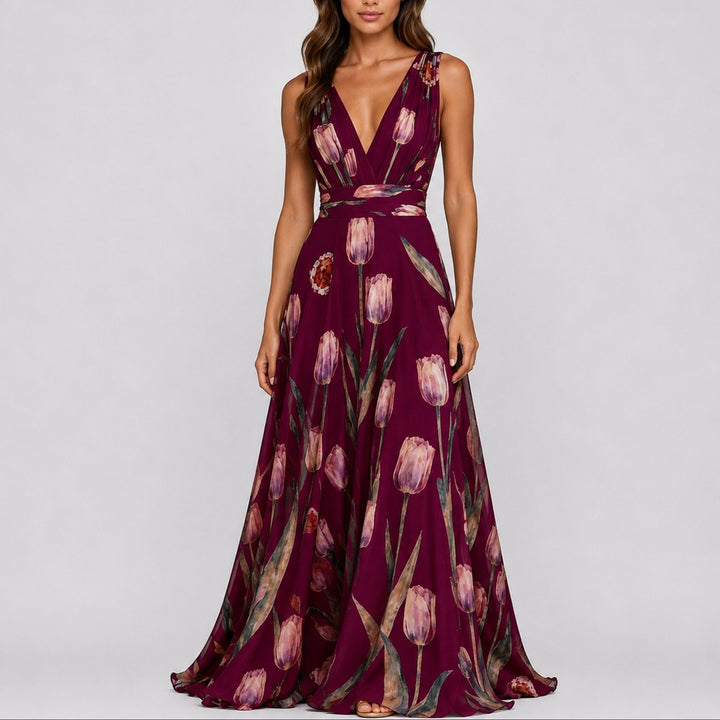 Women's Floral A-Line Wrap V-Neck Maxi Dress for Wedding Guests — view 6