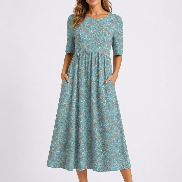 Women's Floral A-Line High-Waisted Round-Neck Midi Dress for Wedding Guests in Blue & White — view 1