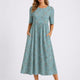 Women's Floral A-Line High-Waisted Round-Neck Midi Dress for Wedding Guests in Blue & White — view 1