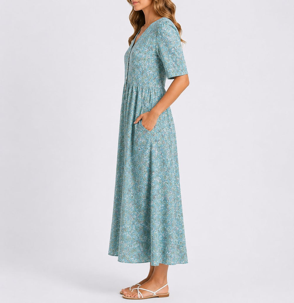 Women's Floral A-Line High-Waisted Round-Neck Midi Dress for Wedding Guests in Blue & White — view 2