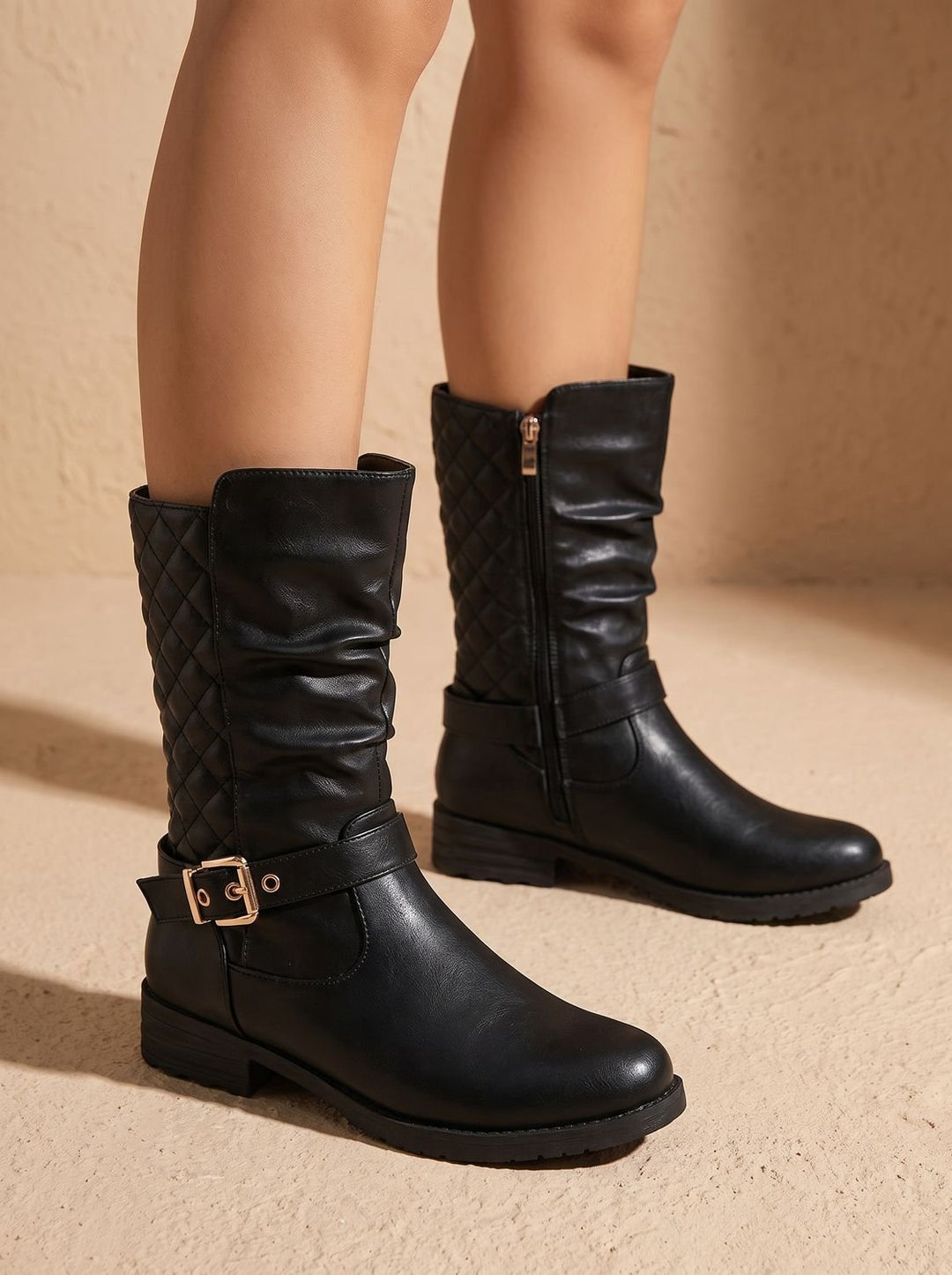 Imke Slouchy Mid-Calf Boots with Quilted Back and Buckle - image 1