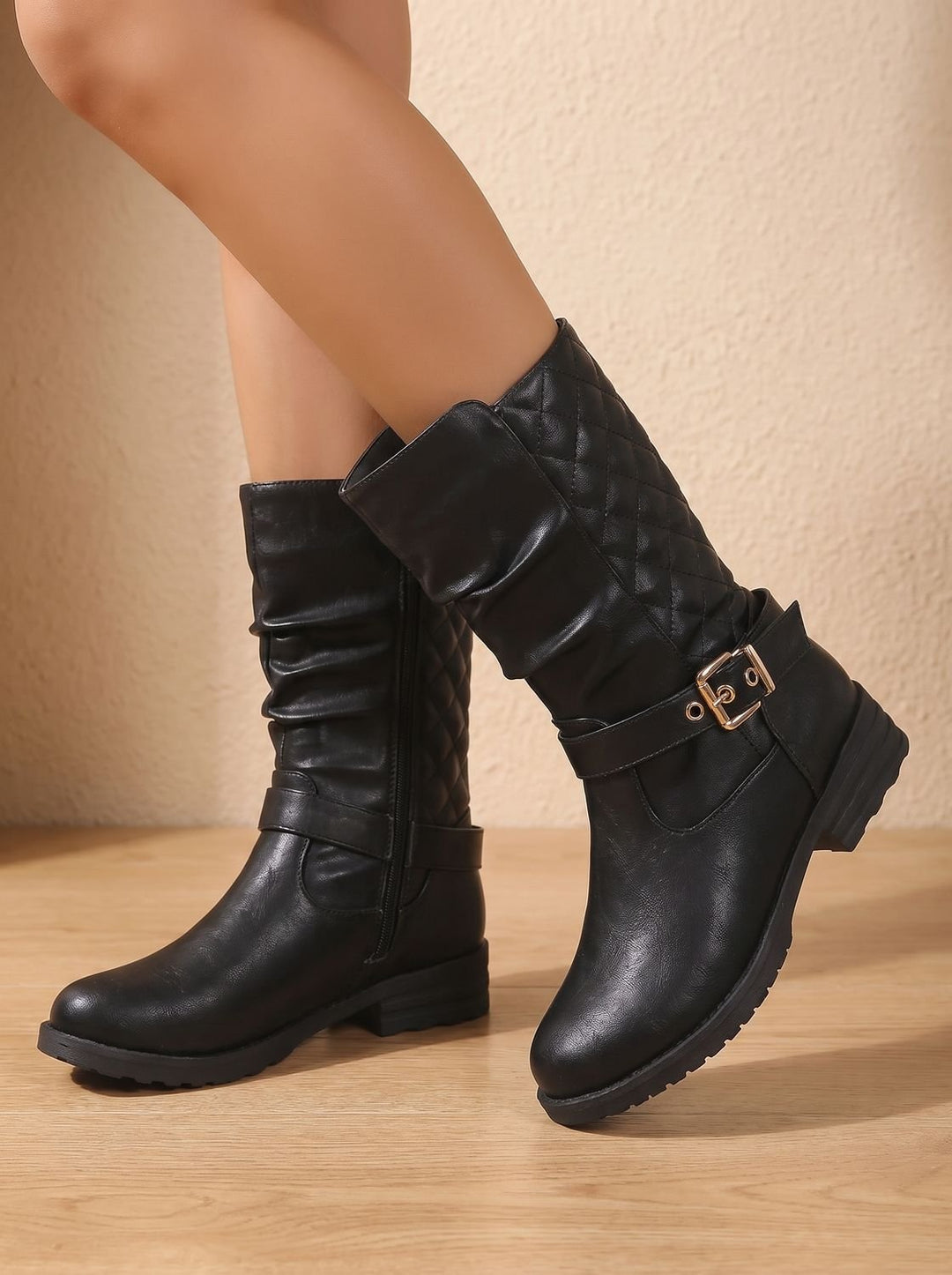 Imke Slouchy Mid-Calf Boots with Quilted Back and Buckle - image 3