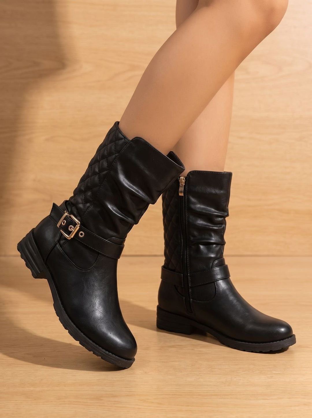Imke Slouchy Mid-Calf Boots with Quilted Back and Buckle - image 5