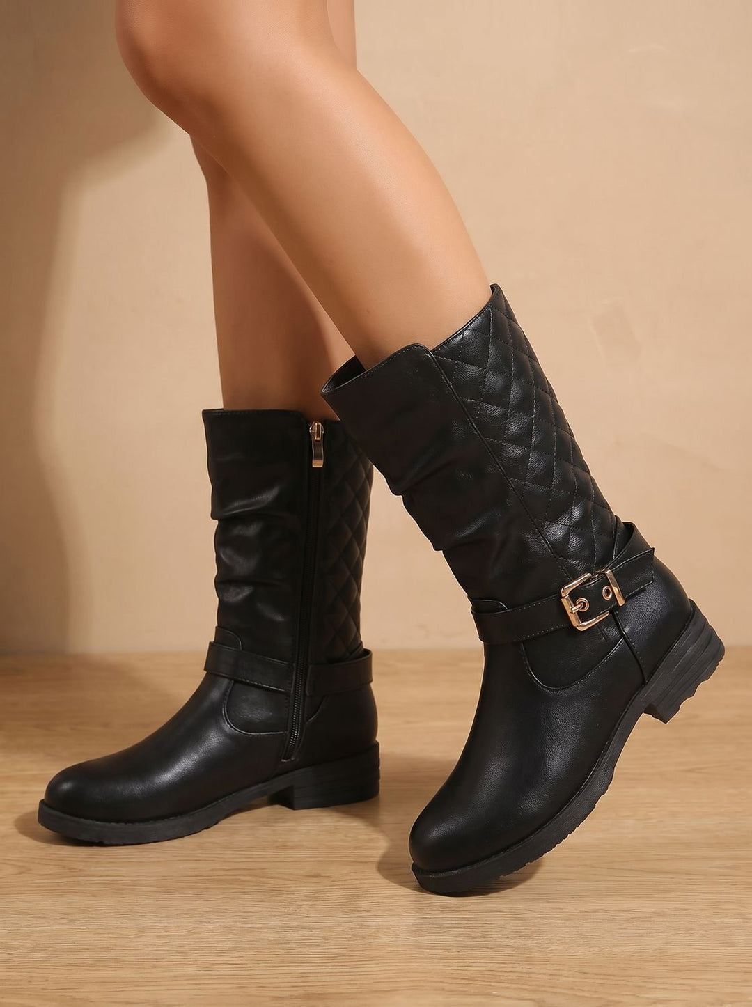 Imke Slouchy Mid-Calf Boots with Quilted Back and Buckle - image 7