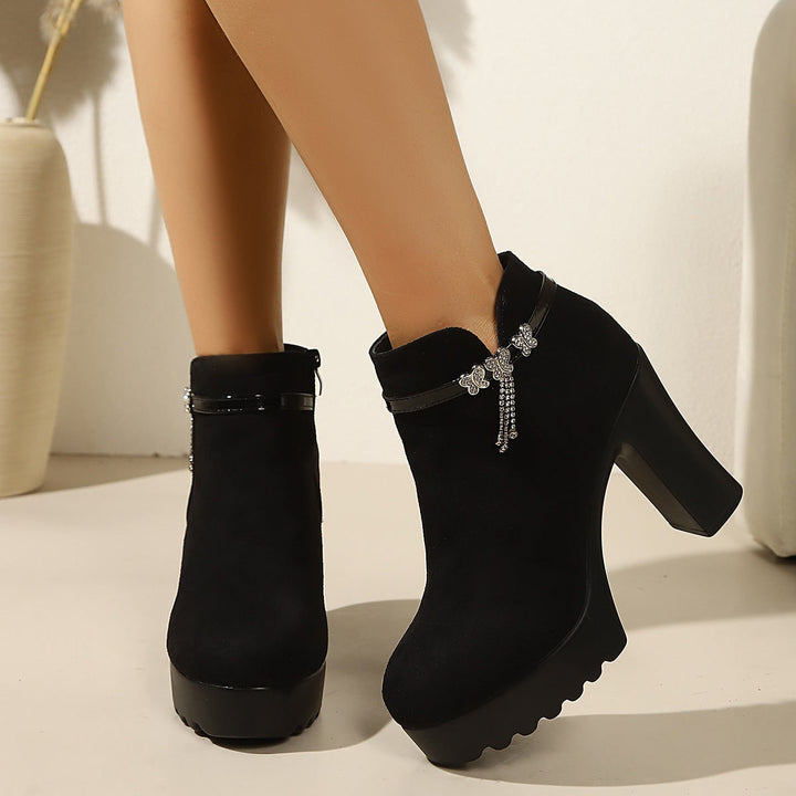 Jorinde Faux-Suede Platform Ankle Boots with Rhinestone Chain - image 2