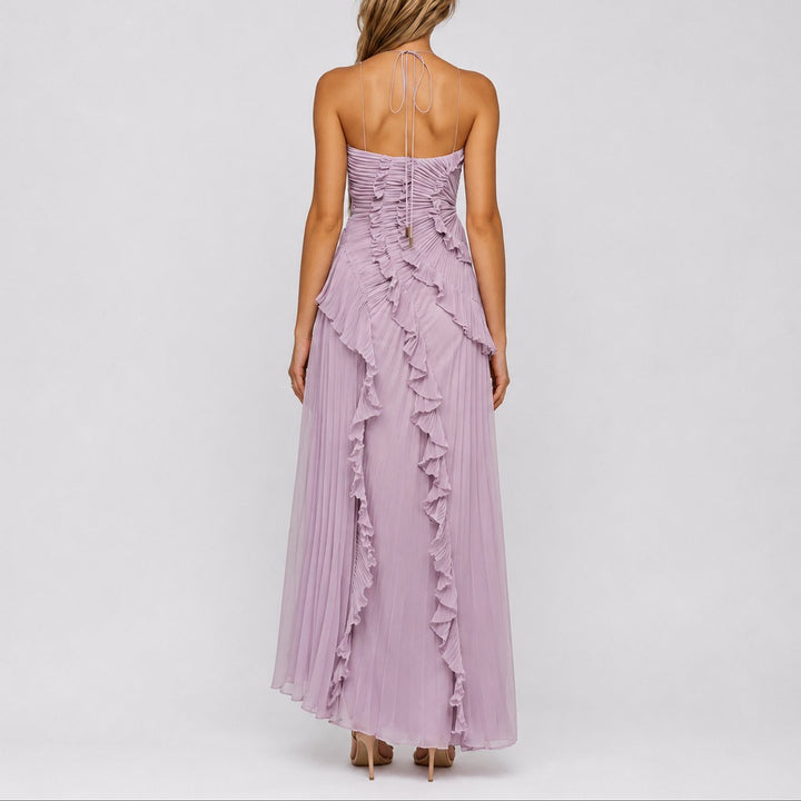 Women's Pleated Asymmetric Halter-Neck Maxi Dress for Wedding Guests — view 2