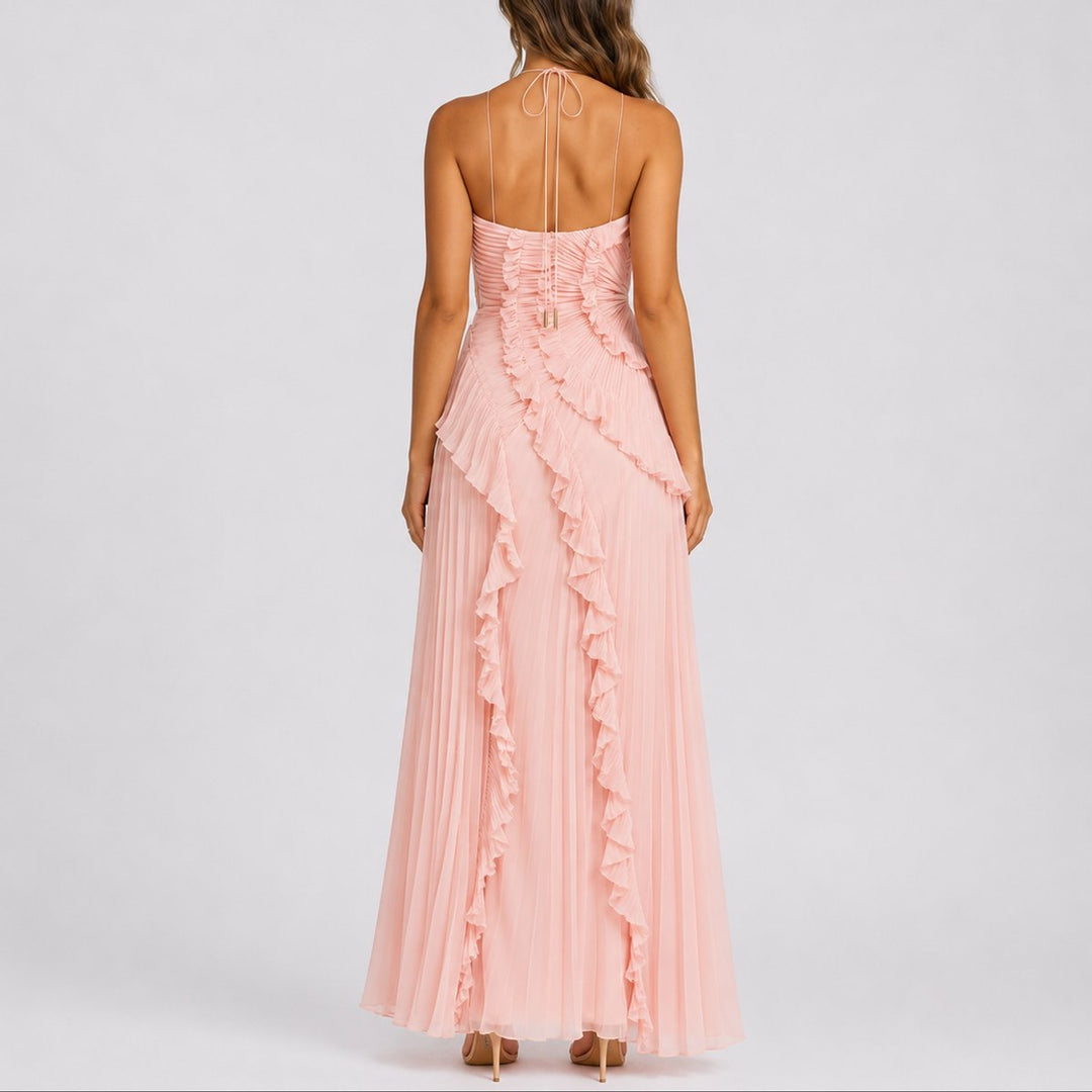 Women's Pleated Asymmetric Halter-Neck Maxi Dress for Wedding Guests — view 4