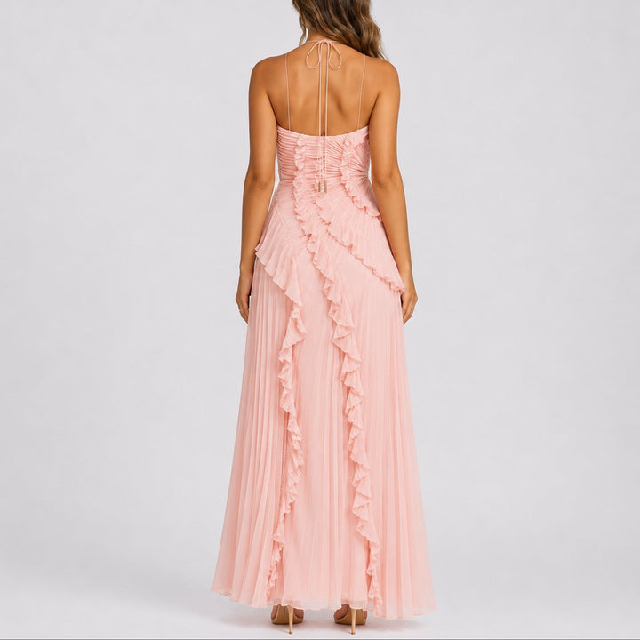 Women's Pleated Asymmetric Halter-Neck Maxi Dress for Wedding Guests — view 4