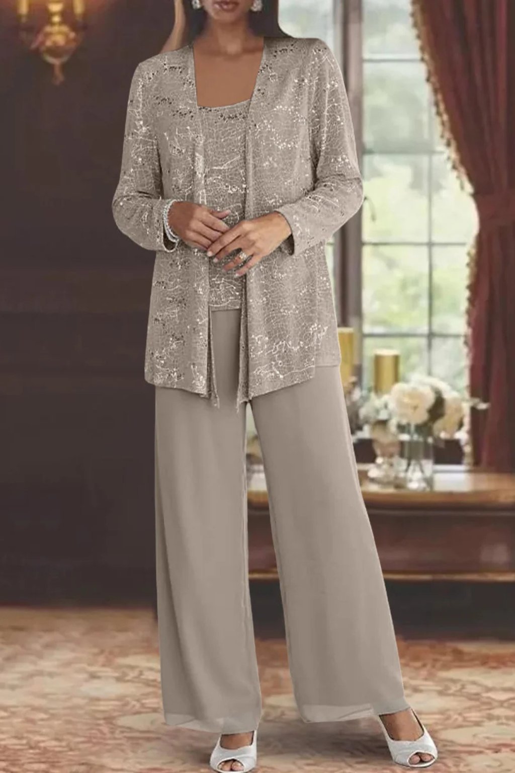 Luna | Women's Sequined Three-Piece Wide-Leg Trouser Suit