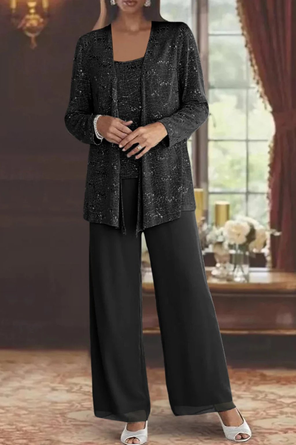 Luna | Women's Sequined Three-Piece Wide-Leg Trouser Suit